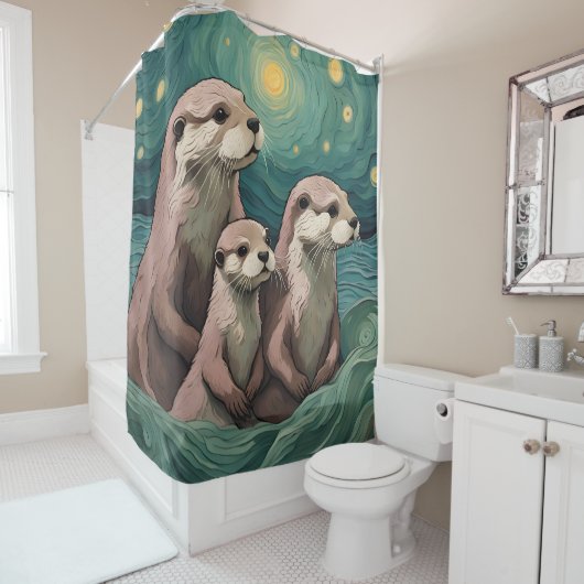星の夜のオッターファミリー海 シャワーカーテン (インサイチュ)
