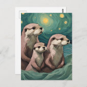 星の夜のオッターファミリー海 ポストカード (正面/裏面)