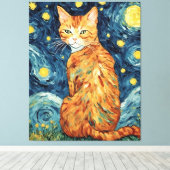 星の夜のジンジャー・タビー猫 キャンバスプリント (インサイチュ (ウッドフロア))