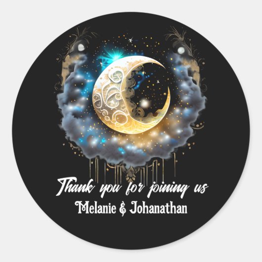 星の夜の三日月、輝く月、黒青のシック ラウンドシール (正面)
