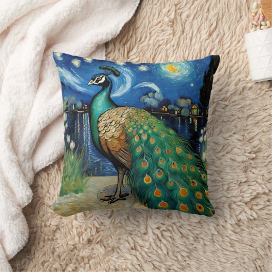 星の夜の孔雀 クッション (ブランケット)