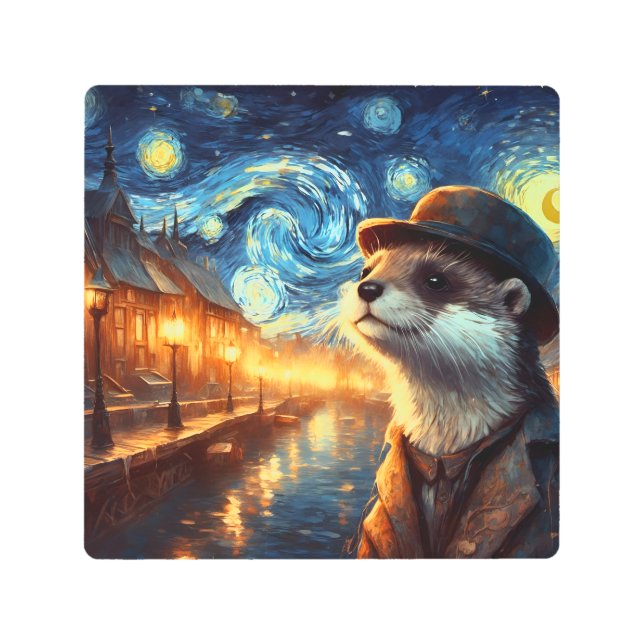 星の夜の街 メタルプリント (正面)