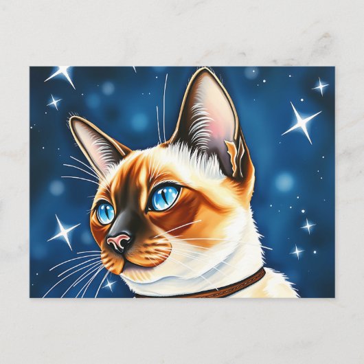 星の夜を探検する水色のシャム猫 ポストカード (正面)