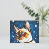星の夜を探検する水色のシャム猫 ポストカード (スタンド正面)