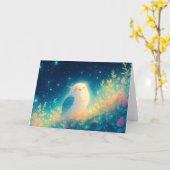 星の夜空の下の白フクロウ カード (黄色い花)