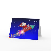 星の夜，花火ロケットに乗るサンタ