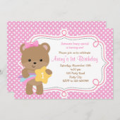 星の女の子（くまの招待状）ピンクの水玉模様 招待状 (正面/裏面)