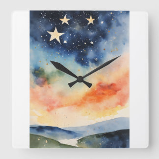星の星の時計きらめく星の夜の時計 スクエア壁時計