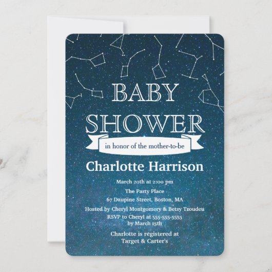 星の星座の宇宙のベビーシャワー 招待状 (正面)