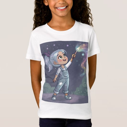 "星の画家: 星空を描く小さな少女" Tシャツ (正面)