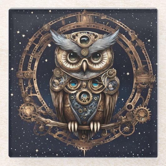 星の空にフクロウを映すスチームパンク ガラスコースター (正面)