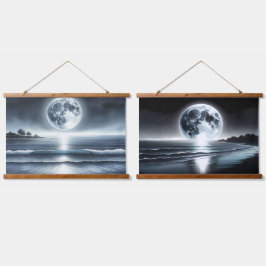 星の空の下の月の海波 吊り下げ型タペストリー