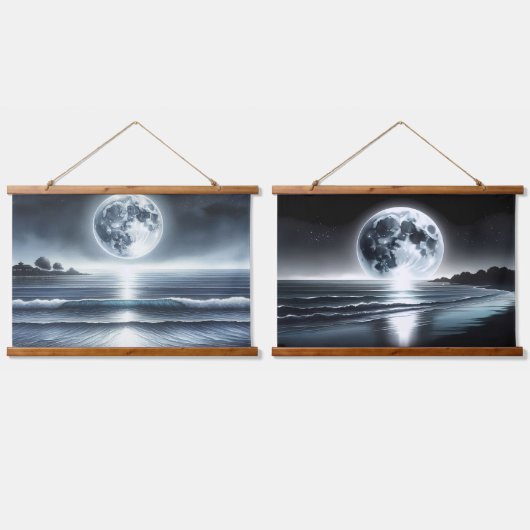 星の空の下の月の海波 吊り下げ型タペストリー (ダブル)