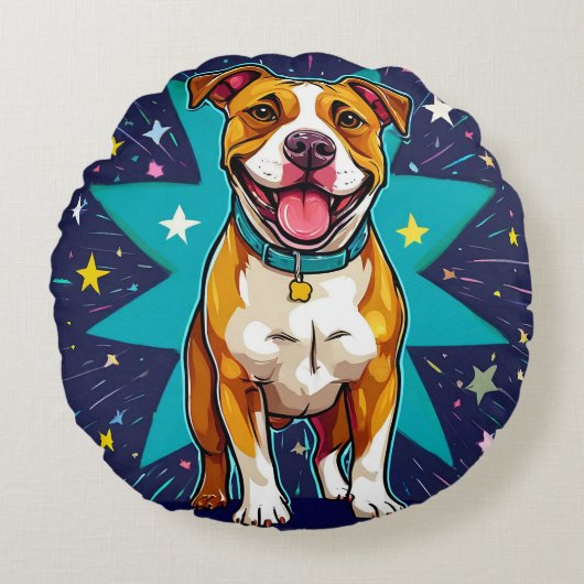 星の背景が輝く幸せな犬 ラウンドクッション (正面)