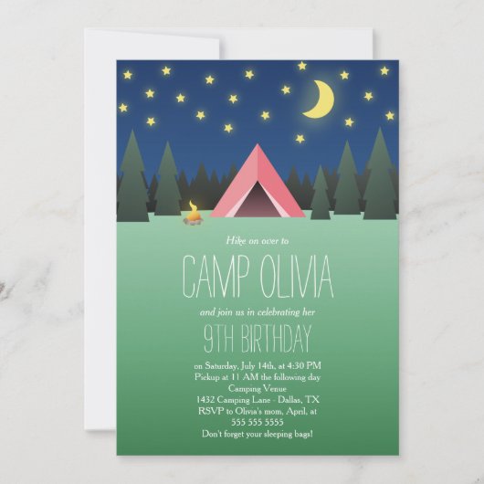 星の誕生日のキャンプの下のピンクのテント 招待状 (正面)