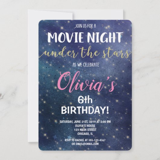 星の誕生日の招待状の下の映画夜 招待状 (正面)