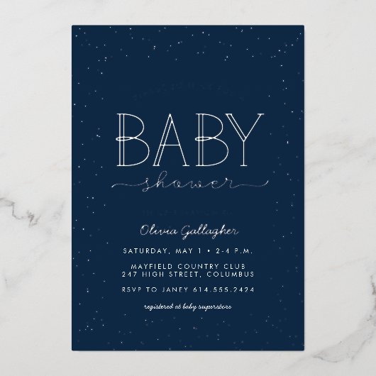 星の赤ちゃんシャワーきらめくネイビーブルー 箔招待状 (正面)