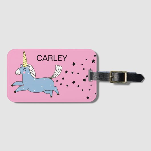 星の軌跡を残すかわいい青いユニコーン ネーム ラゲッジタグ (正面横)