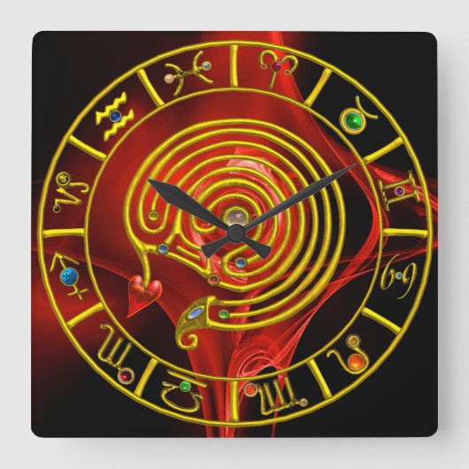 星の迷路の金ゴールドの(占星術の)十二宮図の図表の占星術 スクエア壁時計 (正面)