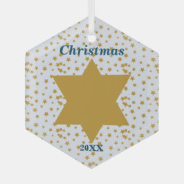 星の金ゴールドパターンの青いクリスマスと年 ガラスオーナメント