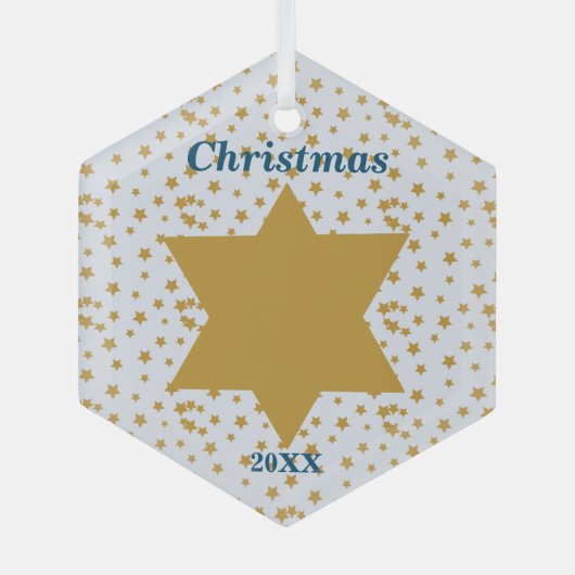 星の金ゴールドパターンの青いクリスマスと年 ガラスオーナメント (正面)