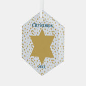 星の金ゴールドパターンの青いクリスマスと年 ガラスオーナメント (正面左)