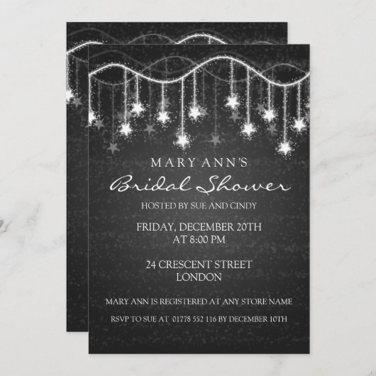 星の黒を微かに光らせるエレガントなブライダルシャワー 招待状 (正面/裏面)