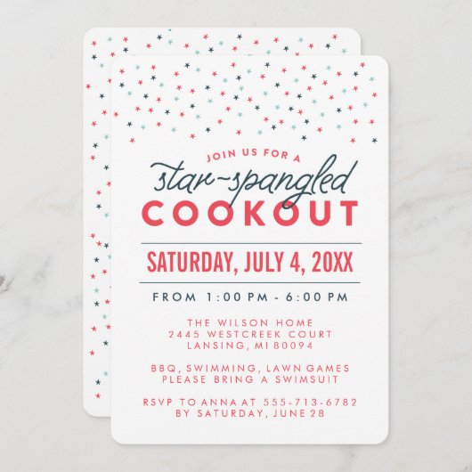 星は7月のパーティの招待状のCookout第4をちりばめました 招待状 (正面/裏面)