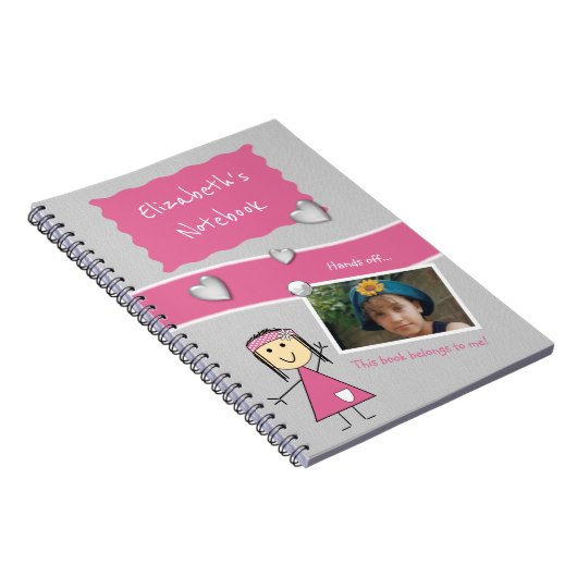 星やハートのデザインに名前と写真付きのピンクとグレーのノート ノートブック (右側)