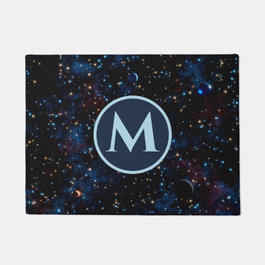 星や惑星が浮かぶ夜空パーソナライズされた ドアマット (正面)