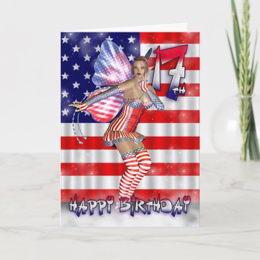 星や縞模様に17誕生日の妖精がおめでとう カード (正面)