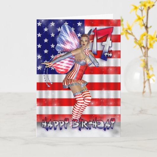 星や縞模様に17誕生日の妖精がおめでとう カード (黄色い花)