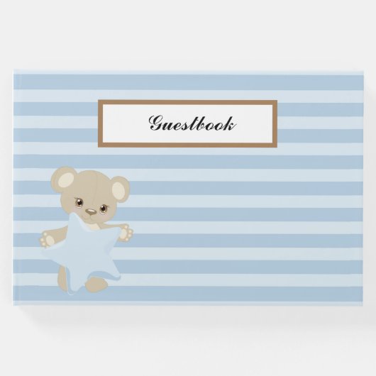 星をストライプ持つテディベアの青い ゲストブック (正面)