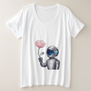 星を参照して花を保持するロボット宇宙飛行士 プラスサイズTシャツ