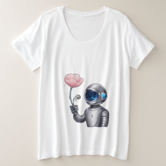星を参照して花を保持するロボット宇宙飛行士 プラスサイズTシャツ (デザイン正面)