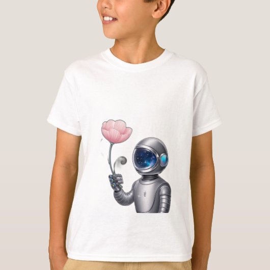 星を参照して花を保持するロボット宇宙飛行士 Tシャツ (正面)