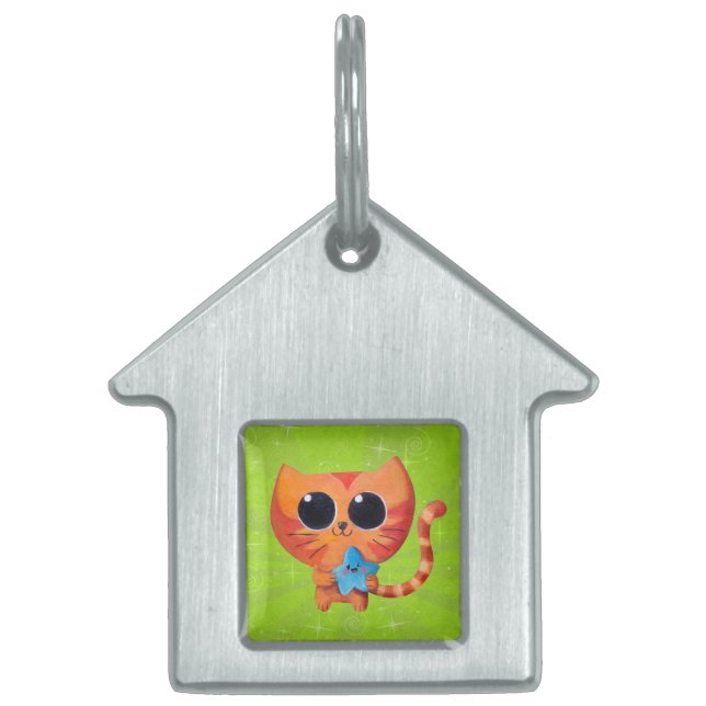 星を持つかわいいオレンジ猫 ペットネームタグ (正面)