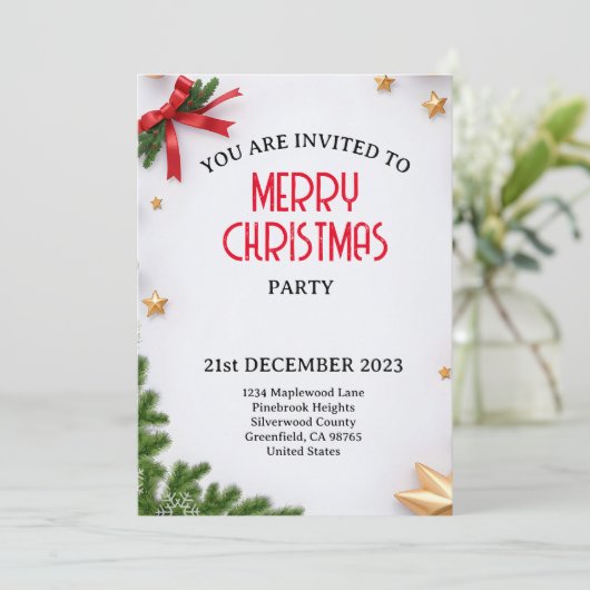 星を持つミニマルな白をテーマにしたクリスマス 招待状 (スタンド正面)
