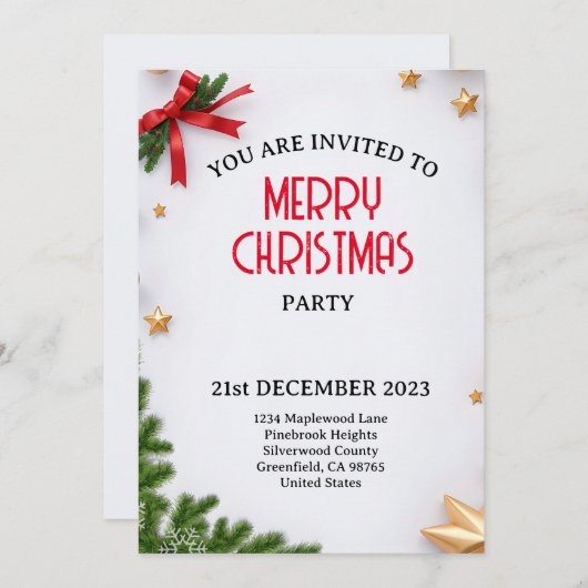 星を持つミニマルな白をテーマにしたクリスマス 招待状 (正面/裏面)