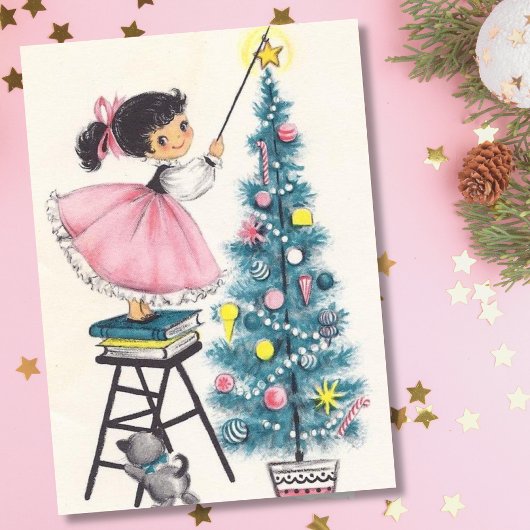 星を木に置くヴィンテージクリスマスガール シーズンカード