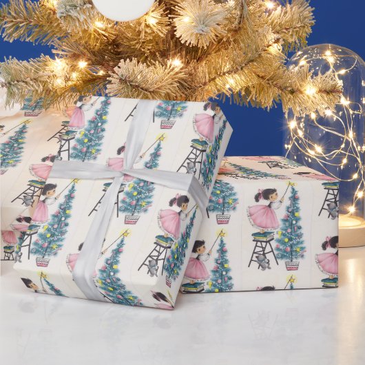 星を木に置くヴィンテージクリスマスガール ラッピングペーパー (クリスマス)