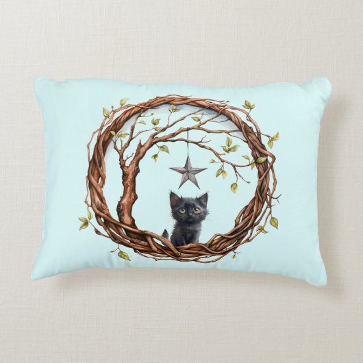 星を眺めるかわいい黒い子猫 アクセントクッション (裏面)