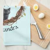 星を眺めるかわいい黒い子猫 キッチンタオル (四つ折り)