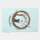 星を眺めるかわいい黒い子猫 キッチンタオル (横)