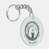 星を眺めるかわいい黒い子猫 キーホルダー (正面左)