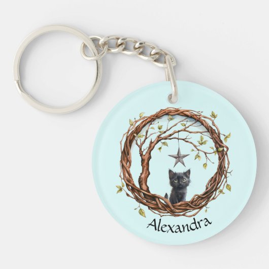 星を眺めるかわいい黒い子猫 キーホルダー (正面)
