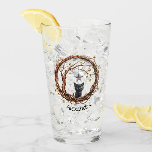 星を眺めるかわいい黒い子猫 タンブラーグラス (アイス正面)