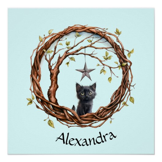 星を眺めるかわいい黒い子猫 ポスター (正面)