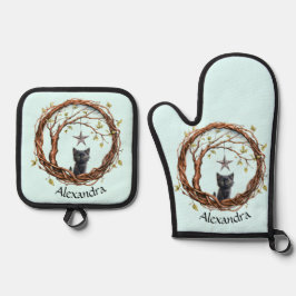 星を眺めるかわいい黒い子猫 鍋つかみ&鍋敷きセット