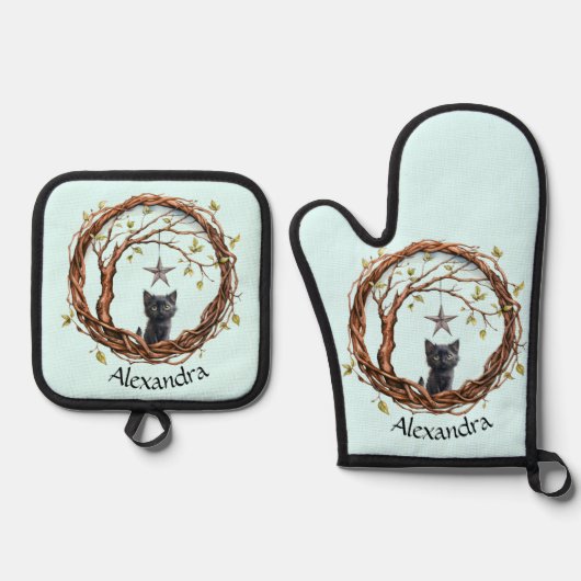 星を眺めるかわいい黒い子猫 鍋つかみ&鍋敷きセット (正面)